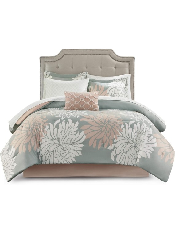 Maible Cozy Bed in A Bag Comforter with Complete Cotton Sheet Set-Floral Medallion Damask Design All Season Cover, Decorative Pillow, Cal King(104"" x92), Floral Blush 9 Piece