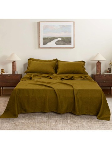 100% French Linen Sheets Set-Queen Size,Stone Washed Natural Flax 4Pcs(2 Pillowcases,1 Fitted Sheet,1 Flat Sheet) Ultra Soft Breathable Bedding Set,Ecru Olive