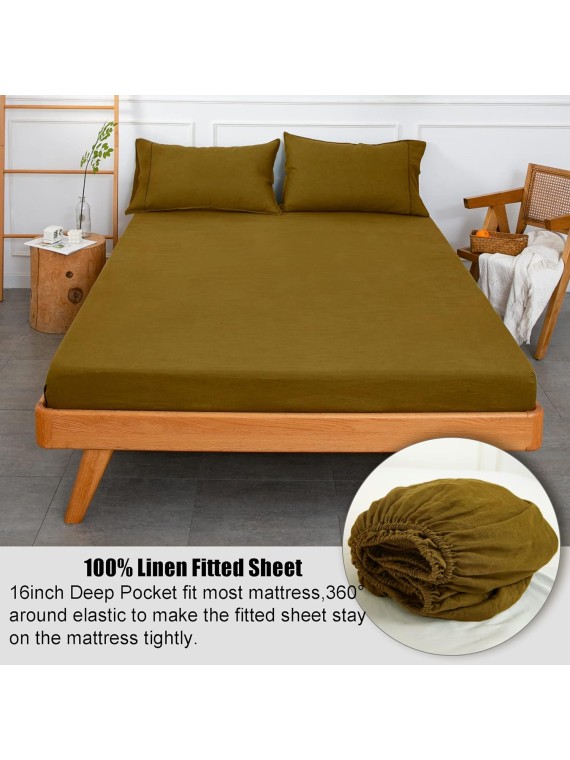 100% French Linen Sheets Set-Queen Size,Stone Washed Natural Flax 4Pcs(2 Pillowcases,1 Fitted Sheet,1 Flat Sheet) Ultra Soft Breathable Bedding Set,Ecru Olive