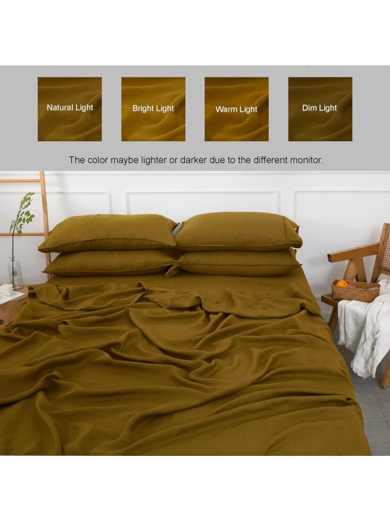 100% French Linen Sheets Set-Queen Size,Stone Washed Natural Flax 4Pcs(2 Pillowcases,1 Fitted Sheet,1 Flat Sheet) Ultra Soft Breathable Bedding Set,Ecru Olive