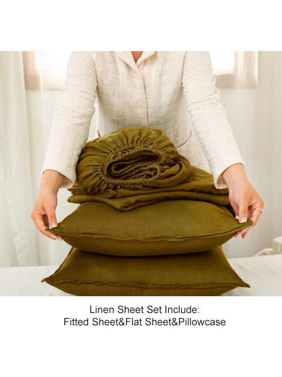 100% French Linen Sheets Set-Queen Size,Stone Washed Natural Flax 4Pcs(2 Pillowcases,1 Fitted Sheet,1 Flat Sheet) Ultra Soft Breathable Bedding Set,Ecru Olive