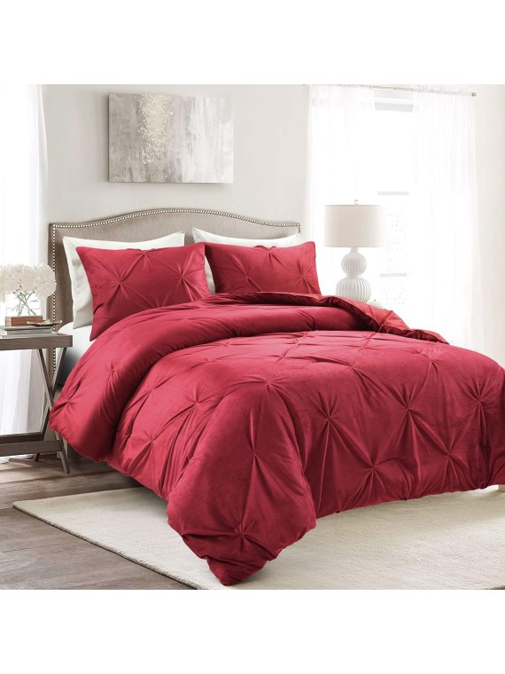 Soft Velvet Diamond Pintuck 3 Piece Comforter Set, King, Red