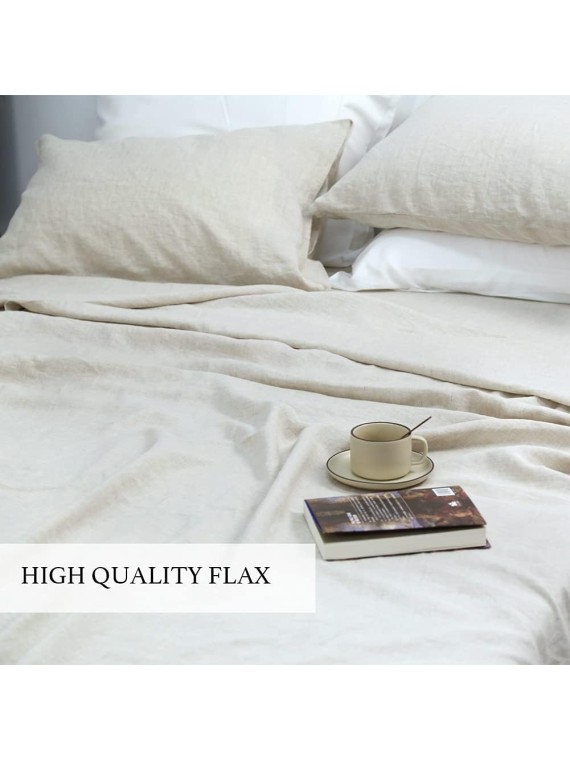 100% Linen Sheets Queen Size, Natural French Flax Bed Sheet Sets 4 Pcs, Soft Breathable Deep Pocket Farmhouse Bedding (1 Flat Sheet, 1 Fitted Sheet, 2 Pillowcases) - Linen