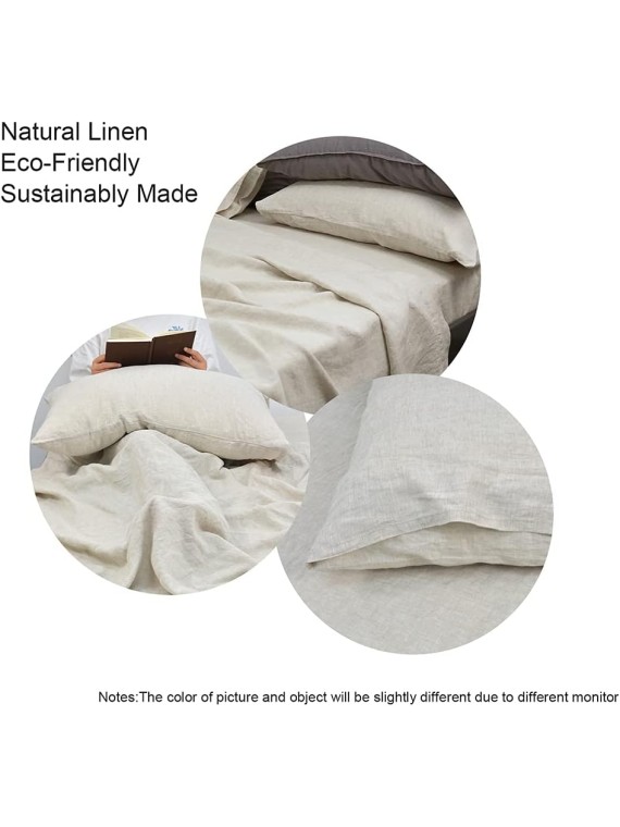 100% Linen Sheets Queen Size, Natural French Flax Bed Sheet Sets 4 Pcs, Soft Breathable Deep Pocket Farmhouse Bedding (1 Flat Sheet, 1 Fitted Sheet, 2 Pillowcases) - Linen