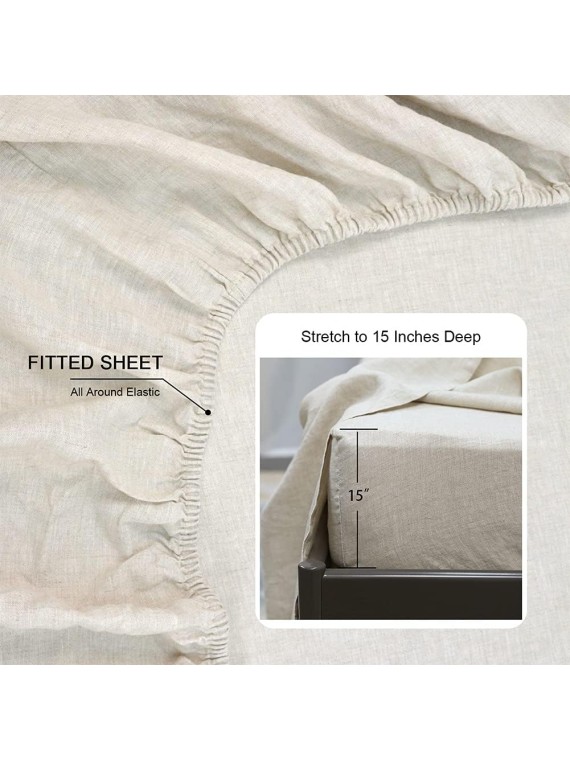 100% Linen Sheets Queen Size, Natural French Flax Bed Sheet Sets 4 Pcs, Soft Breathable Deep Pocket Farmhouse Bedding (1 Flat Sheet, 1 Fitted Sheet, 2 Pillowcases) - Linen