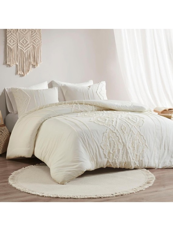 Comforter Set Cotton Chenille Tufted Damask Design Cal King/King Size Comforter Sets, Margot Farmhouse Bedding, All Season Cover, Matching Shams, King/Cal King, Off White 3 Piece