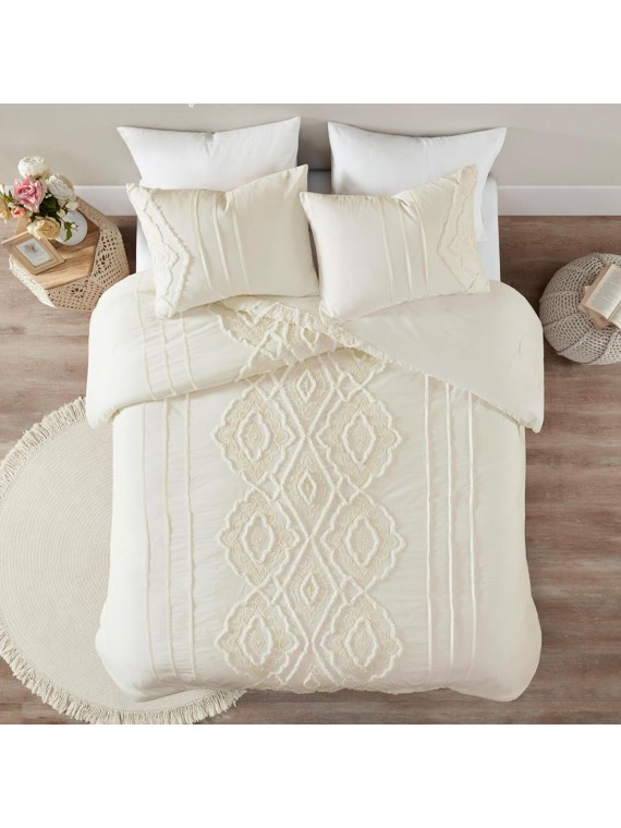 Comforter Set Cotton Chenille Tufted Damask Design Cal King/King Size Comforter Sets, Margot Farmhouse Bedding, All Season Cover, Matching Shams, King/Cal King, Off White 3 Piece