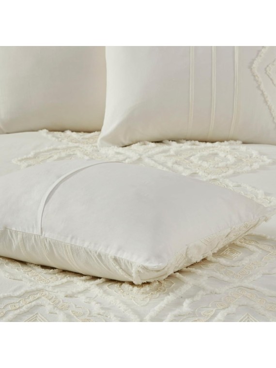 Comforter Set Cotton Chenille Tufted Damask Design Cal King/King Size Comforter Sets, Margot Farmhouse Bedding, All Season Cover, Matching Shams, King/Cal King, Off White 3 Piece