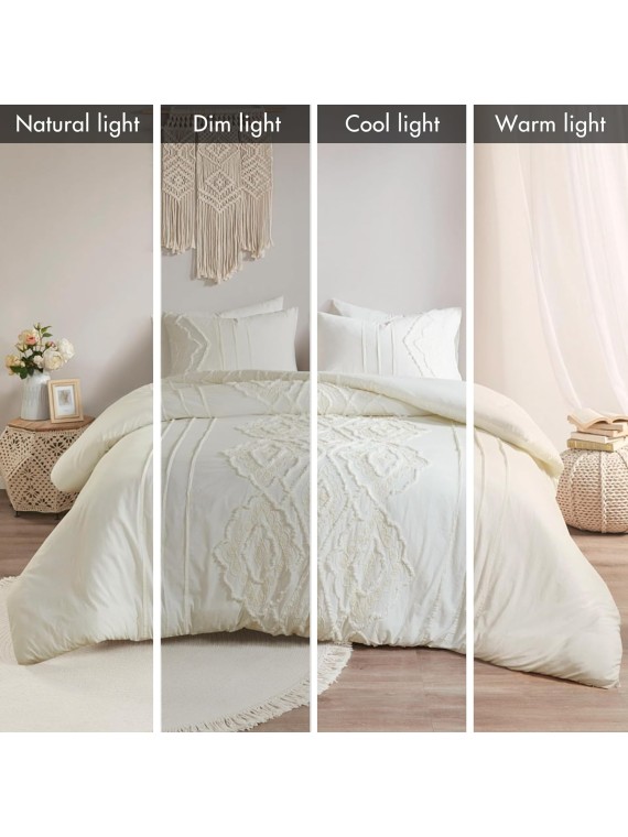 Comforter Set Cotton Chenille Tufted Damask Design Cal King/King Size Comforter Sets, Margot Farmhouse Bedding, All Season Cover, Matching Shams, King/Cal King, Off White 3 Piece