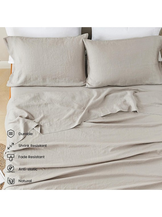 100% French Linen Sheets Queen Size, Stonewashed Pure Linen Bed Sheets with 16" Deep Pocket, Cooling Durable 4 Pcs Flax Linen Bedding Sheets & Pillowcases