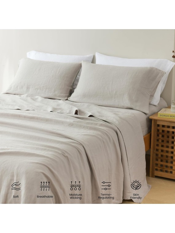 100% French Linen Sheets Queen Size, Stonewashed Pure Linen Bed Sheets with 16" Deep Pocket, Cooling Durable 4 Pcs Flax Linen Bedding Sheets & Pillowcases