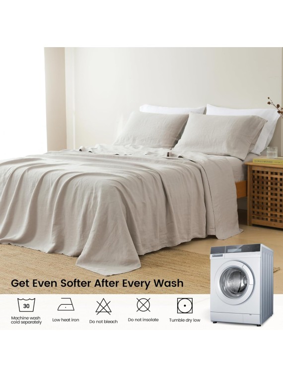 100% French Linen Sheets Queen Size, Stonewashed Pure Linen Bed Sheets with 16" Deep Pocket, Cooling Durable 4 Pcs Flax Linen Bedding Sheets & Pillowcases