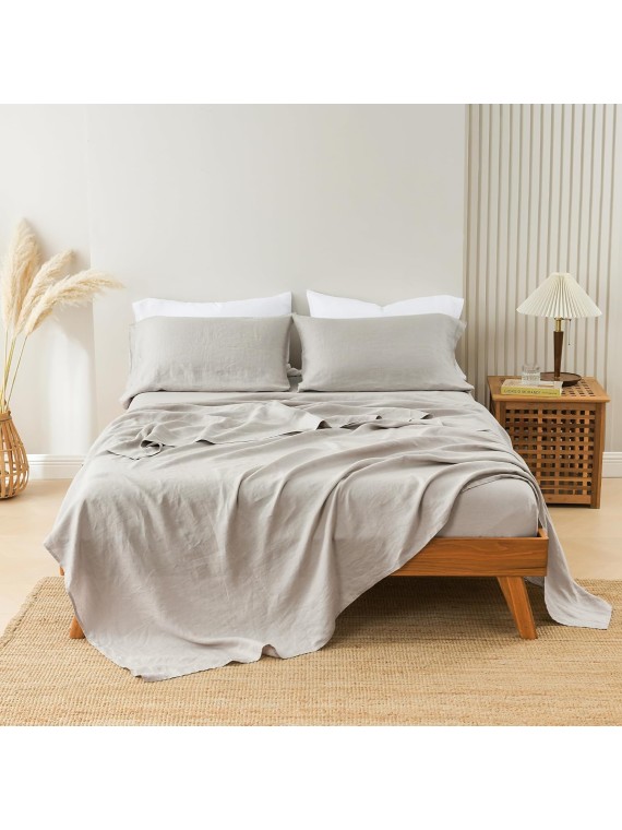 100% French Linen Sheets Queen Size, Stonewashed Pure Linen Bed Sheets with 16" Deep Pocket, Cooling Durable 4 Pcs Flax Linen Bedding Sheets & Pillowcases
