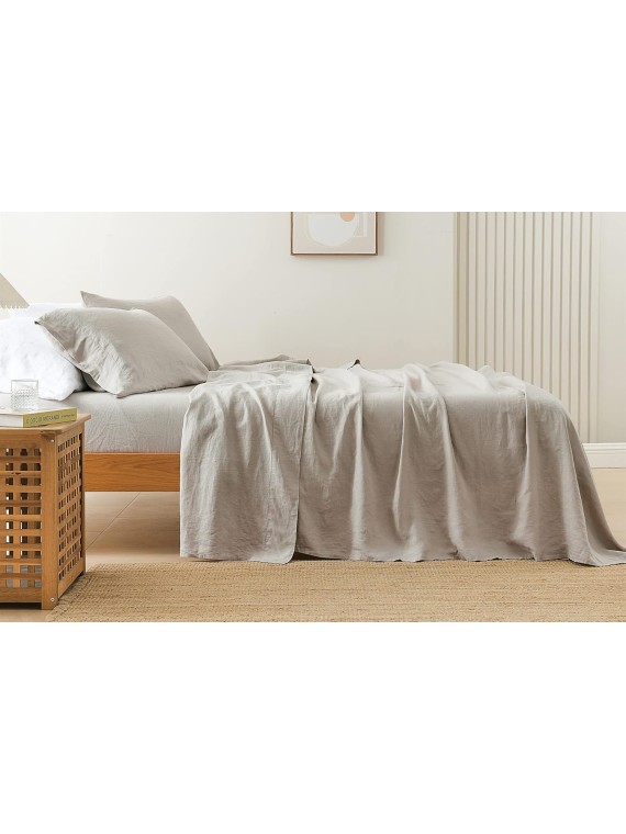100% French Linen Sheets Queen Size, Stonewashed Pure Linen Bed Sheets with 16" Deep Pocket, Cooling Durable 4 Pcs Flax Linen Bedding Sheets & Pillowcases