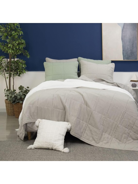 Stonewashed Linen Blend Box Stitch Quilt and Matching Pillow Shams 3pcs Set, Queen Size, Grey Color