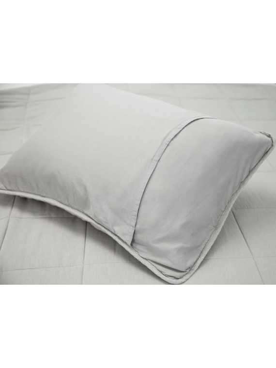 Stonewashed Linen Blend Box Stitch Quilt and Matching Pillow Shams 3pcs Set, Queen Size, Grey Color