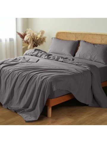 Linen Sheets Queen Size Set, 100% Linen Bed Sheets Breathable & Cooling Pure French Linen Sheets,Soft Durable and Tear Resistant -16 Inch Deep Pocket - 4 Pcs(Dark Grey, Queen)