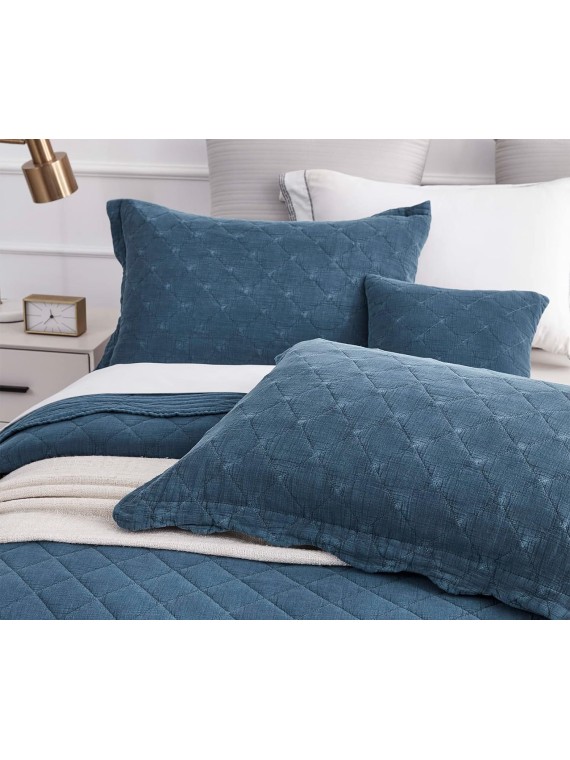 Oversized Queen Bedspread - Shabby Chic Rustic Look - Enzyme Washed, Ultra Soft & Lightweight, Reversible, Cotton/Polyester, 5 Piece, Queen, Majolica Blue