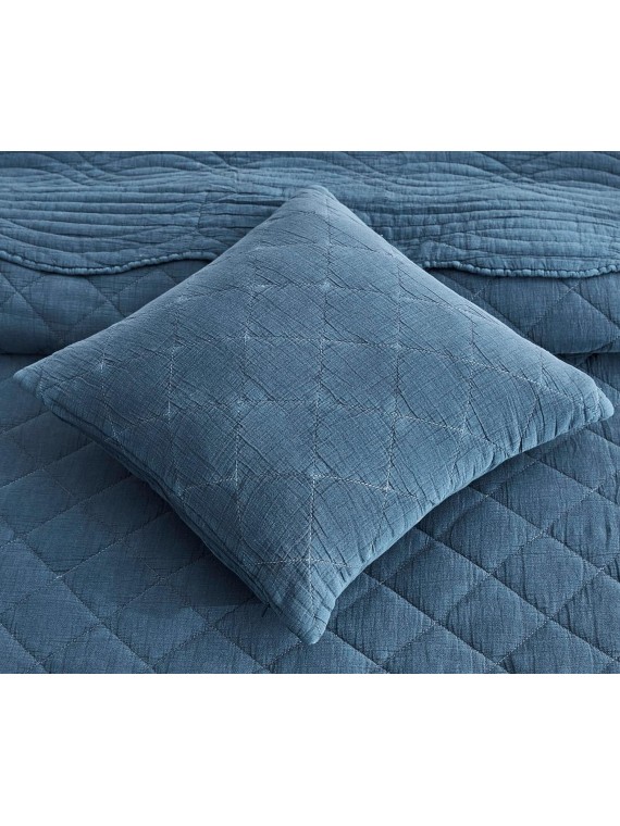Oversized Queen Bedspread - Shabby Chic Rustic Look - Enzyme Washed, Ultra Soft & Lightweight, Reversible, Cotton/Polyester, 5 Piece, Queen, Majolica Blue