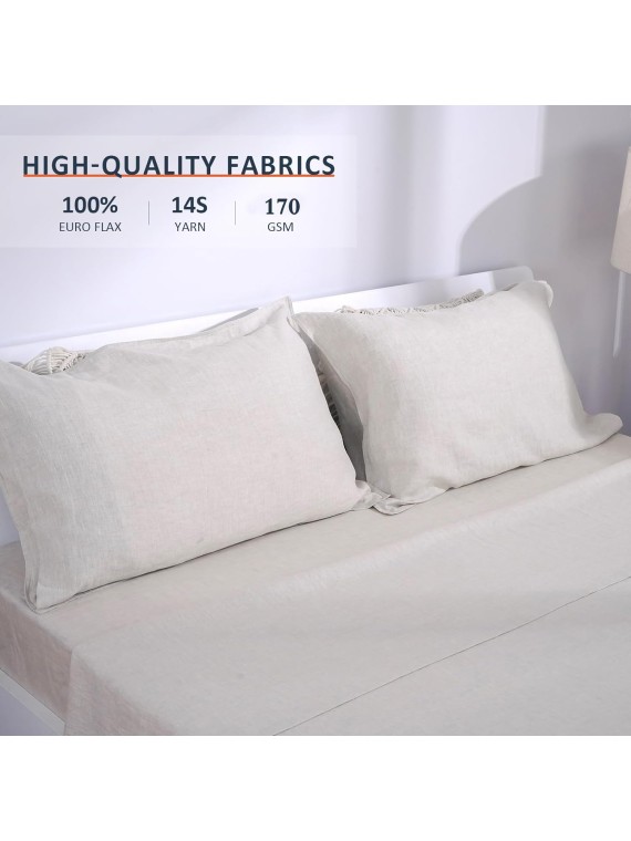 Linen Sheets, 100% French Flax Linen, Sturdy, Soft and Breathable, Linen Sheet Set 4 Pcs-1 Flat Sheet, 1 Fitted Sheet, 2 Pillowcases, Linen Sheet for Hot Sleeper (Queen, Natural Linen/Beige)