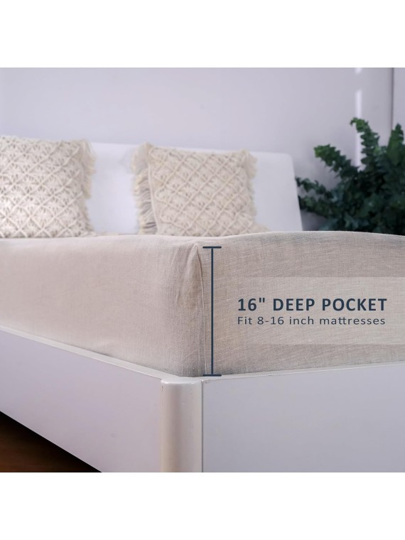 Linen Sheets, 100% French Flax Linen, Sturdy, Soft and Breathable, Linen Sheet Set 4 Pcs-1 Flat Sheet, 1 Fitted Sheet, 2 Pillowcases, Linen Sheet for Hot Sleeper (Queen, Natural Linen/Beige)