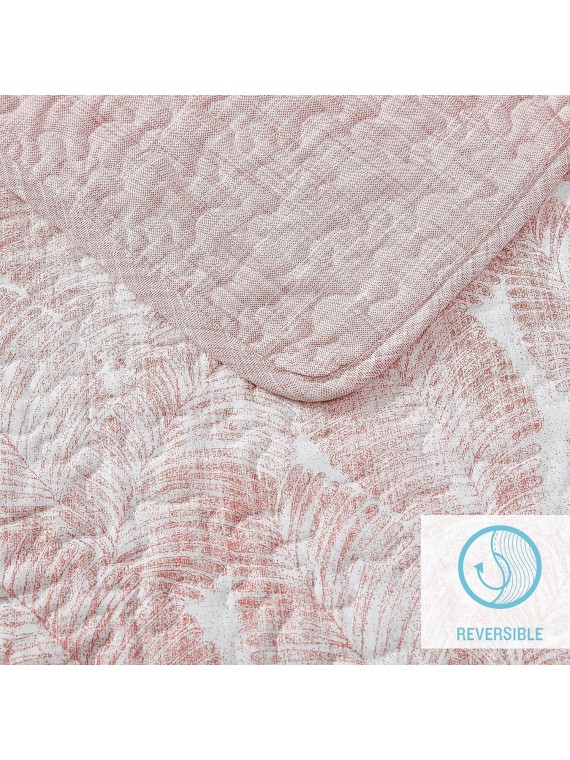 Queen Quilt Set, Reversible Cotton Bedroom Decor with Matching Shams, Tropical Bedding with Textured Reverse (Distressed Water Leaves Coral, Queen)