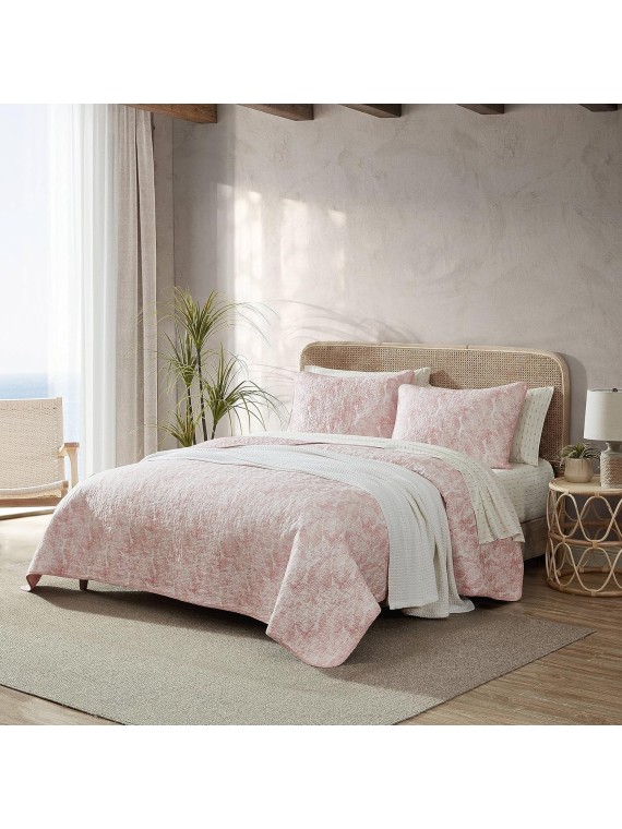 Queen Quilt Set, Reversible Cotton Bedroom Decor with Matching Shams, Tropical Bedding with Textured Reverse (Distressed Water Leaves Coral, Queen)