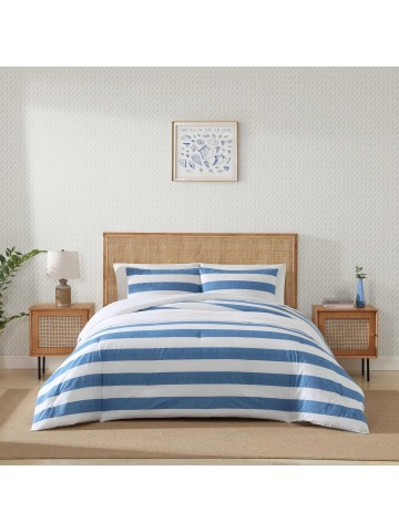 Comforter Set, Breathable Bedding with Matching Shams, Striped Home Decor, Luxuriously Soft Room Decor (Awning Blue, Queen)