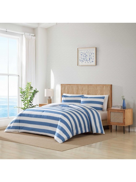 Comforter Set, Breathable Bedding with Matching Shams, Striped Home Decor, Luxuriously Soft Room Decor (Awning Blue, Queen)
