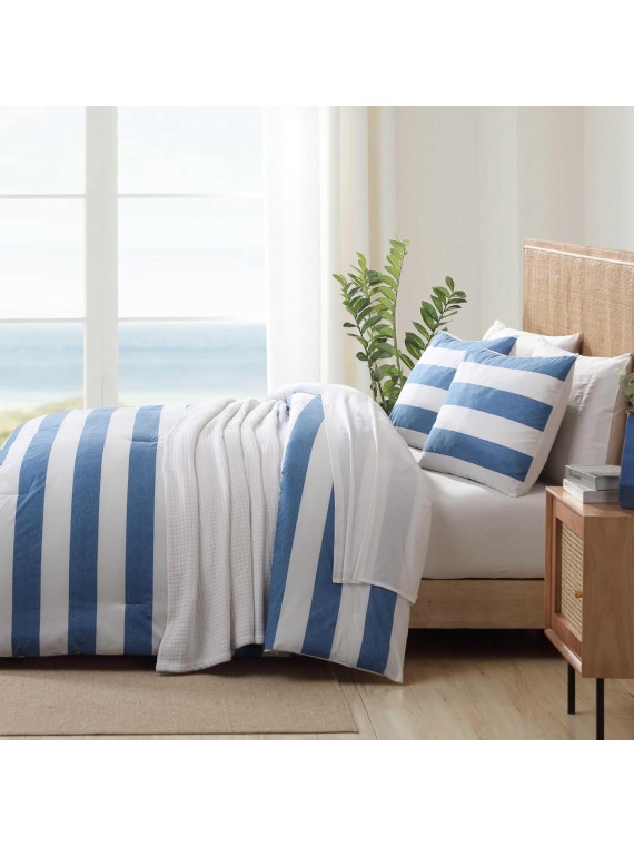 Comforter Set, Breathable Bedding with Matching Shams, Striped Home Decor, Luxuriously Soft Room Decor (Awning Blue, Queen)